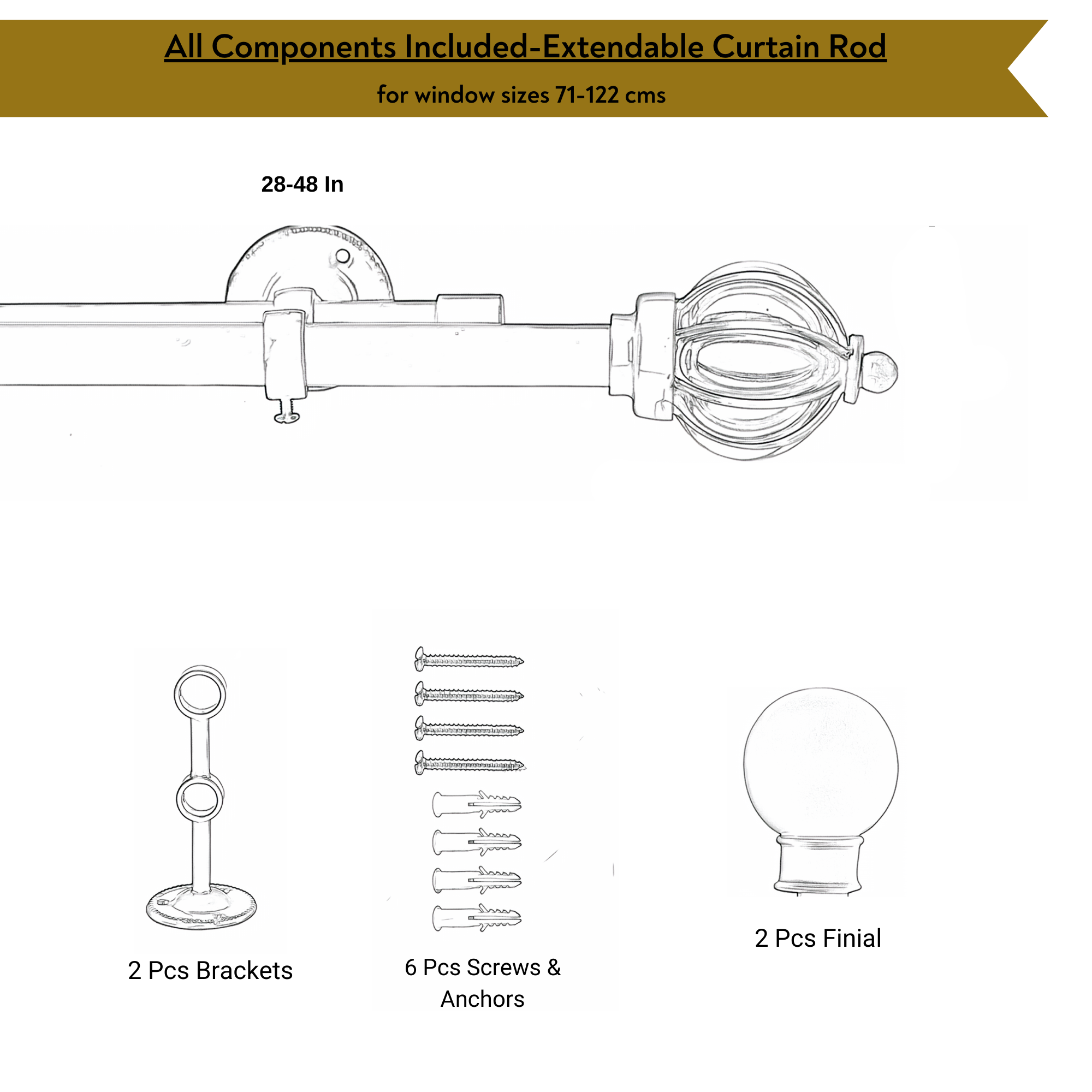 Double Curtain Pole | Matt Black | Extendable & Adjustable | 28-144 Inch |  Marble Finials-4