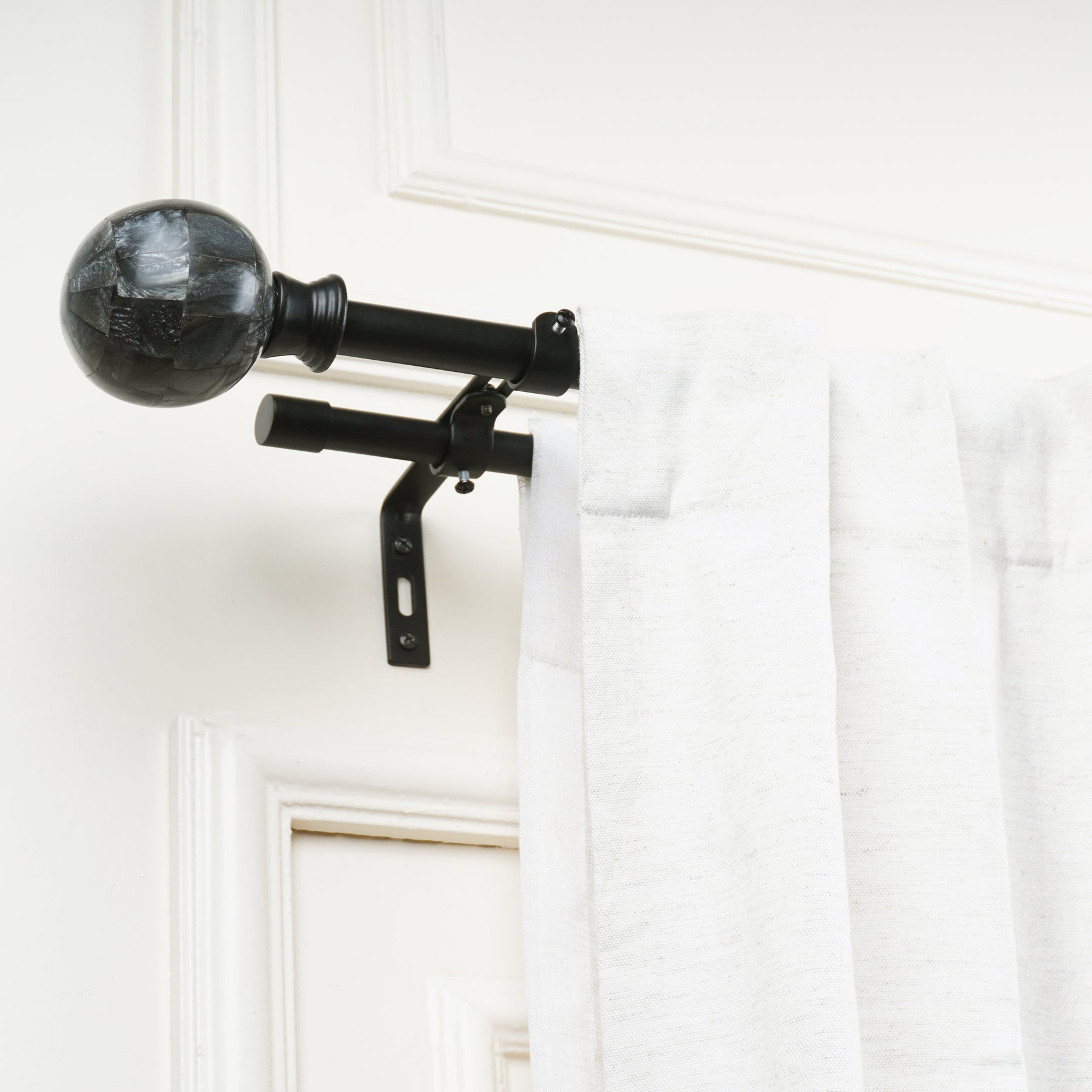 Double Curtain Pole | Matt Black | Extendable & Adjustable | 28-144 Inch |  Marble Finials-1
