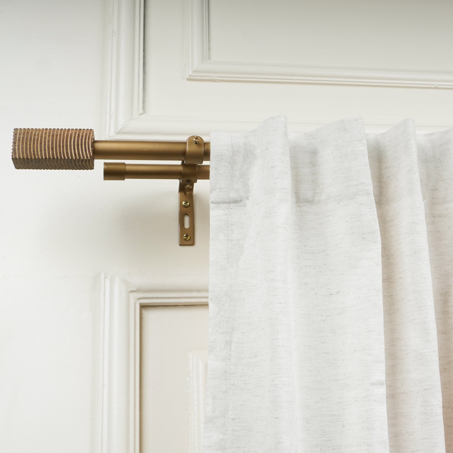 Extendable Double Curtain Pole with Square Scarred Wood Finials | Telescopic Curtain Pole | 28-144 Inch |  Anti-Rust-0