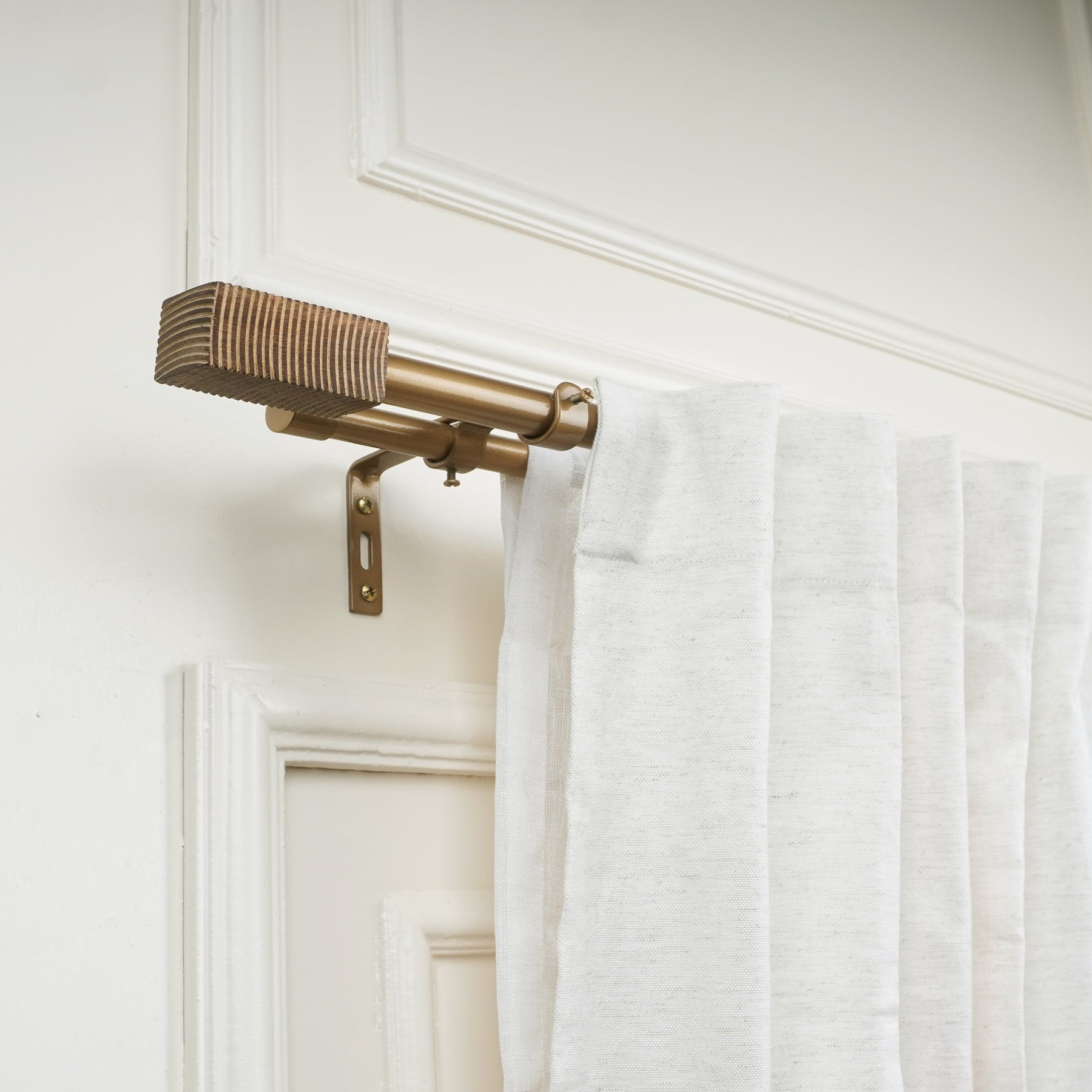 Extendable Double Curtain Pole with Square Scarred Wood Finials | Telescopic Curtain Pole | 28-144 Inch |  Anti-Rust-1