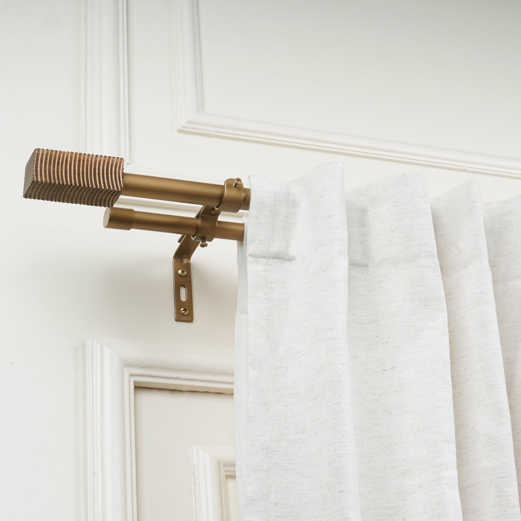 Extendable Double Curtain Pole with Square Scarred Wood Finials | Telescopic Curtain Pole | 28-144 Inch |  Anti-Rust-3